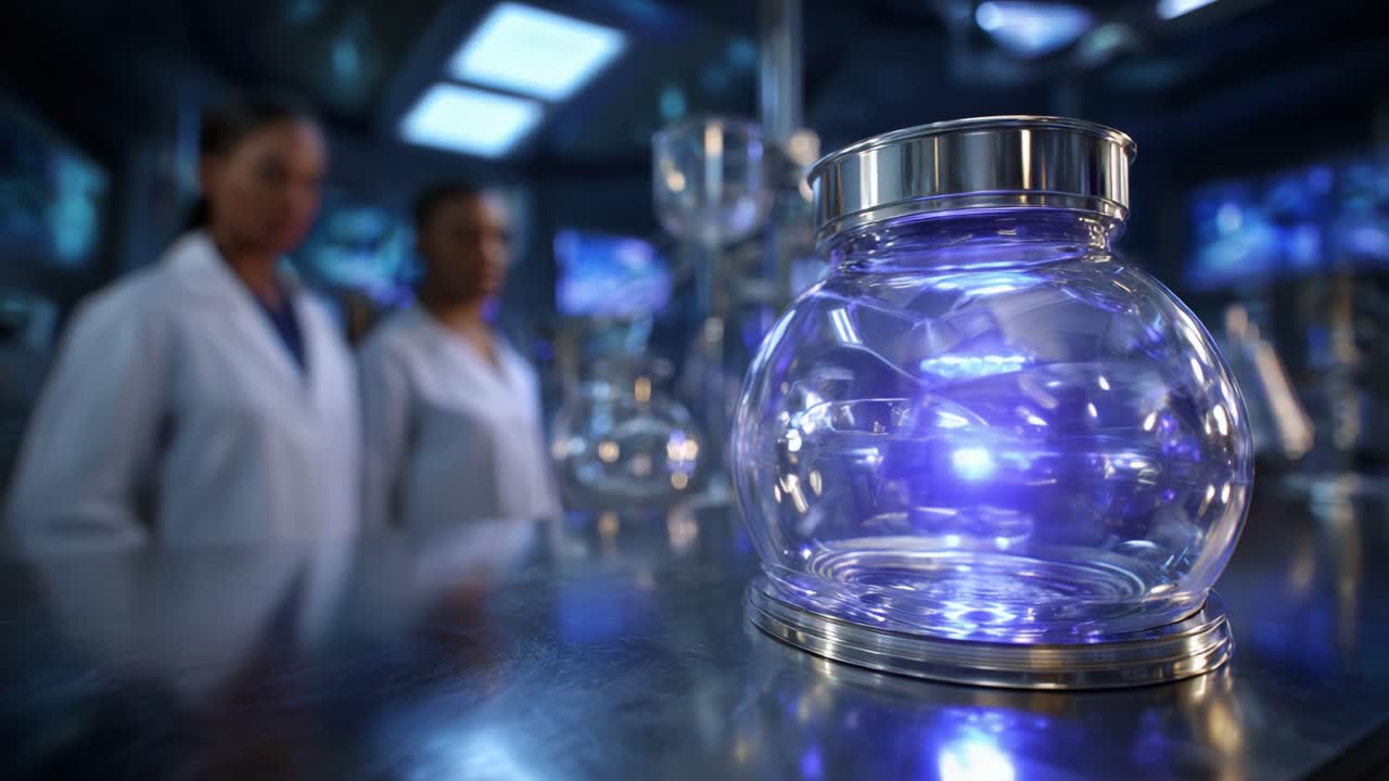 In a high-tech laboratory, researchers examine a glowing glass jar filled with mysterious substances, highlighting advancements in science and experimentation
