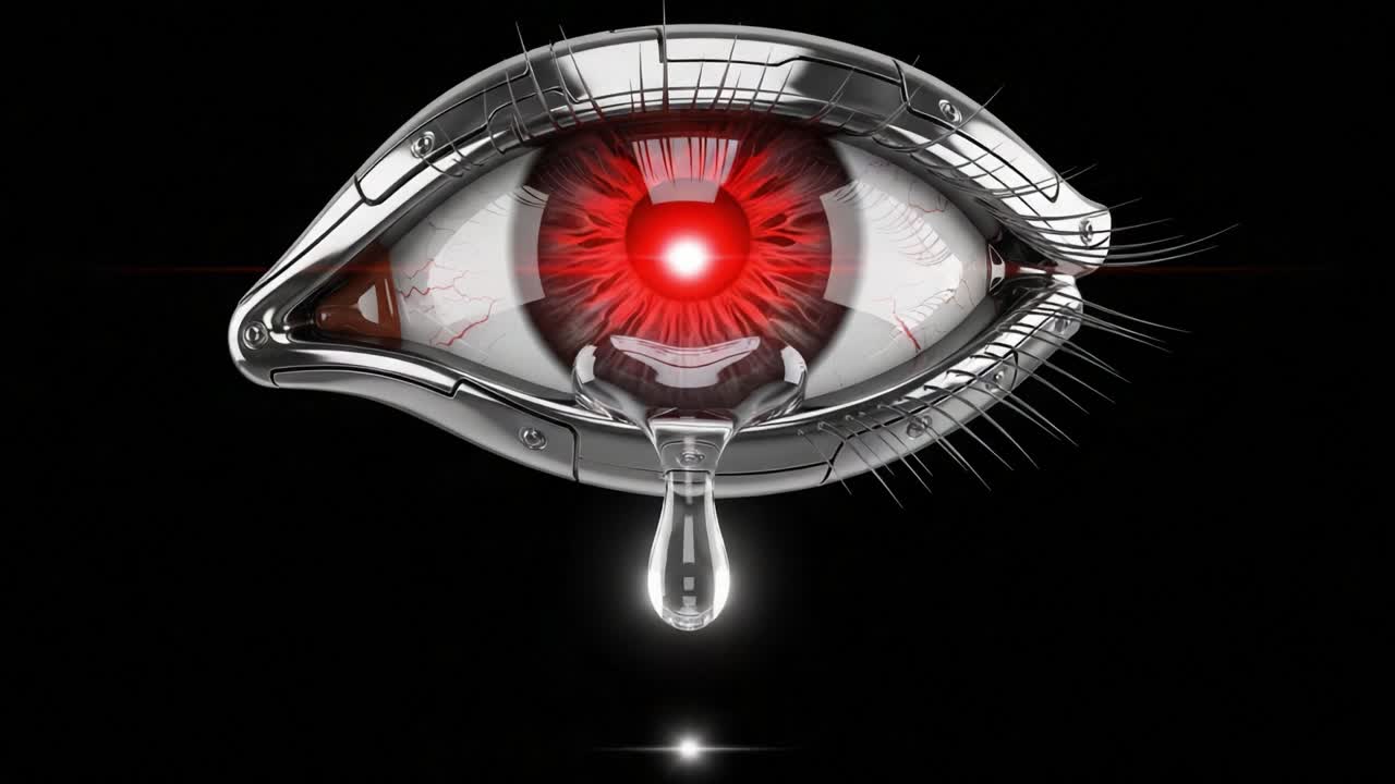 A Captivating Close-Up on a Futuristic, Mechanical Eye Displaying Intricate Details, Emitting a Striking Red Gaze Against a Dark Background