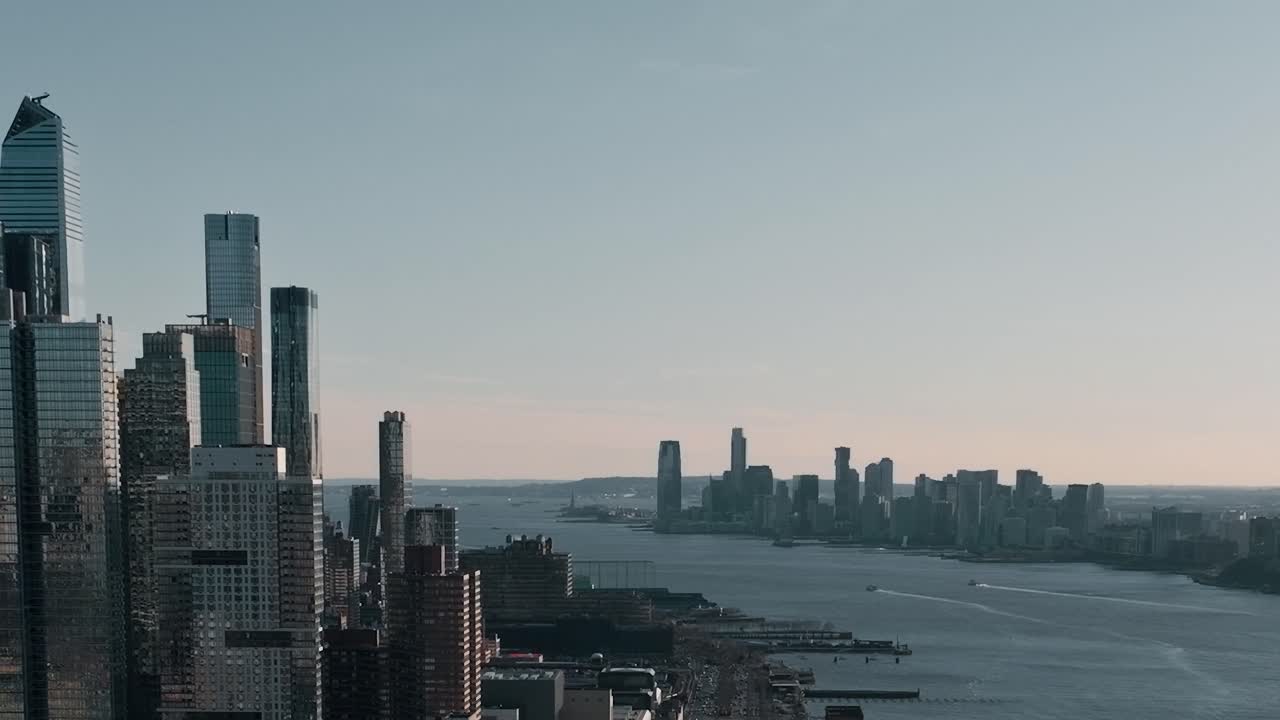 View of New York City skyline from a high viewpoint near water