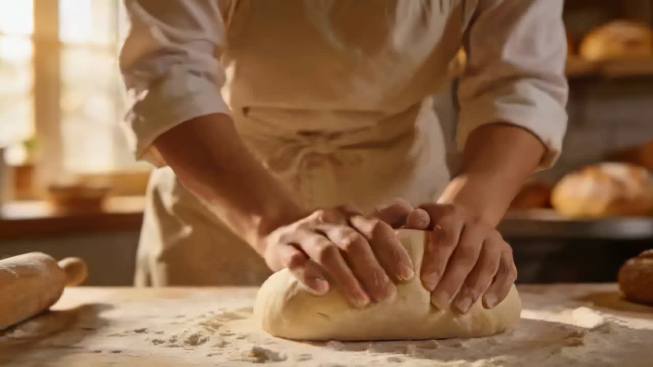 Polvilhando farinha, padeiro moldando massa para assar no balcão da padaria com rolo de massa e avental.
