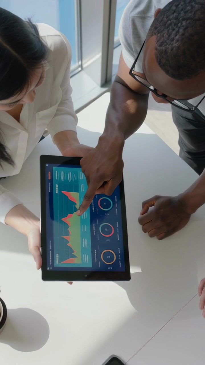 Vertical video: Pointing man and woman holding tablet analyzing shown dashboard at table white top