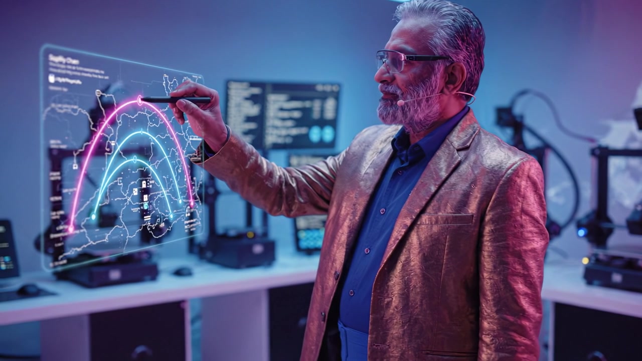 Tecnólogo innovador interactuando con tecnología futurista en un espacio de trabajo moderno, analizando datos y creando modelos visuales con pantallas 3D interactivas.