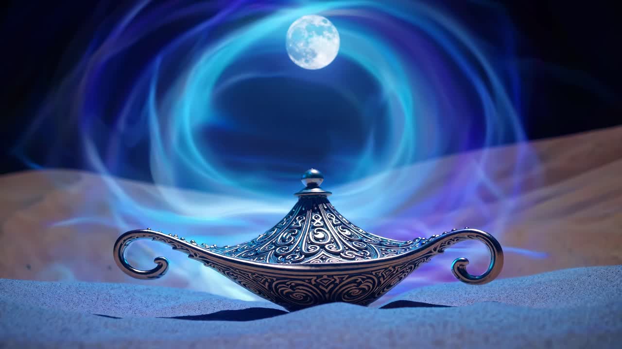Low-angle shot of an ornate lamp on sand, with swirling blue smoke and a full moon