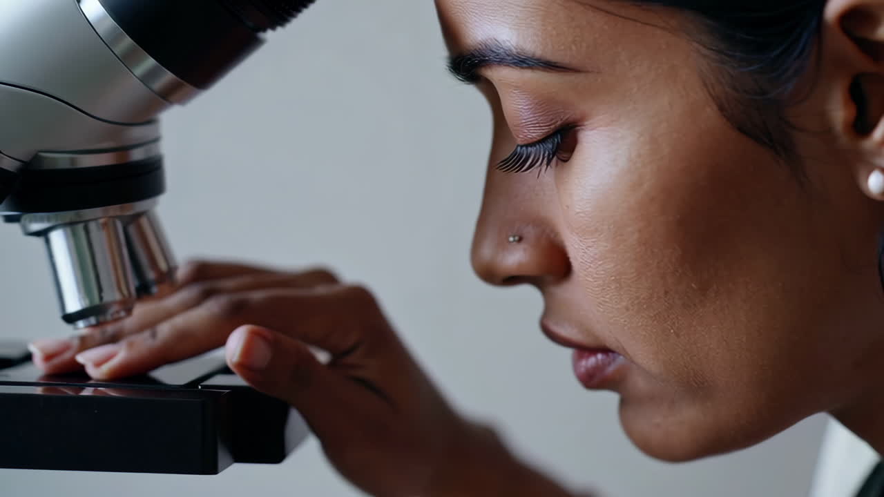 Woman scientist using a microscope in a lab