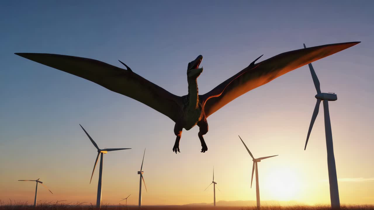 Pterodactyl flying over a wind farm at sunset