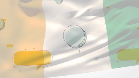 animación de la bandera de costa de marfil soplando sobre burbujas de habla vacías flotantes