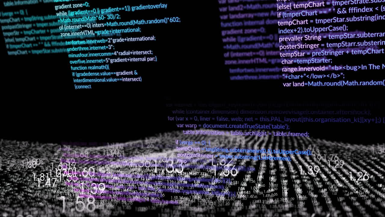 Animation of financial data processing and binary coding over black background