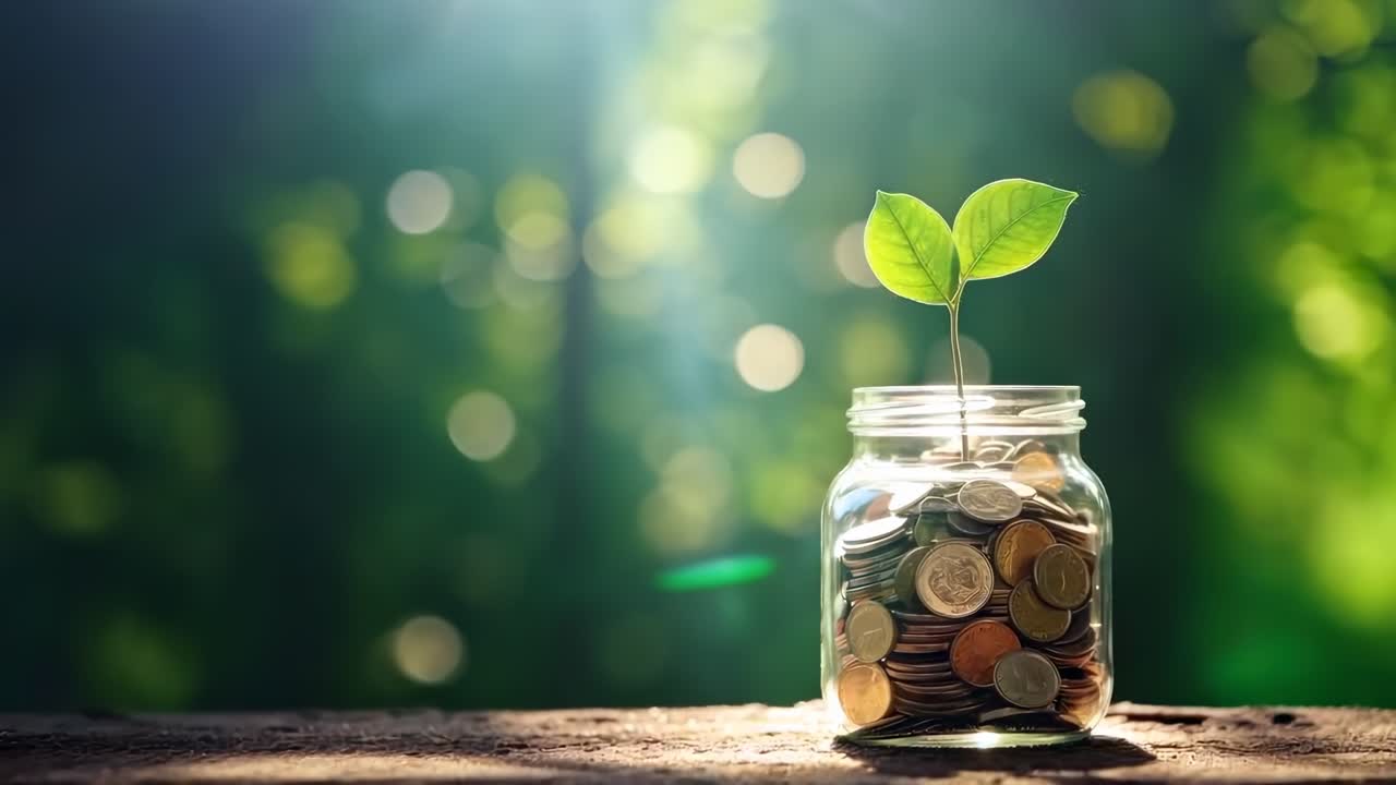 A close-up, eye-level shot of a jar filled with coins and a sprouting plant, symbolizing growth