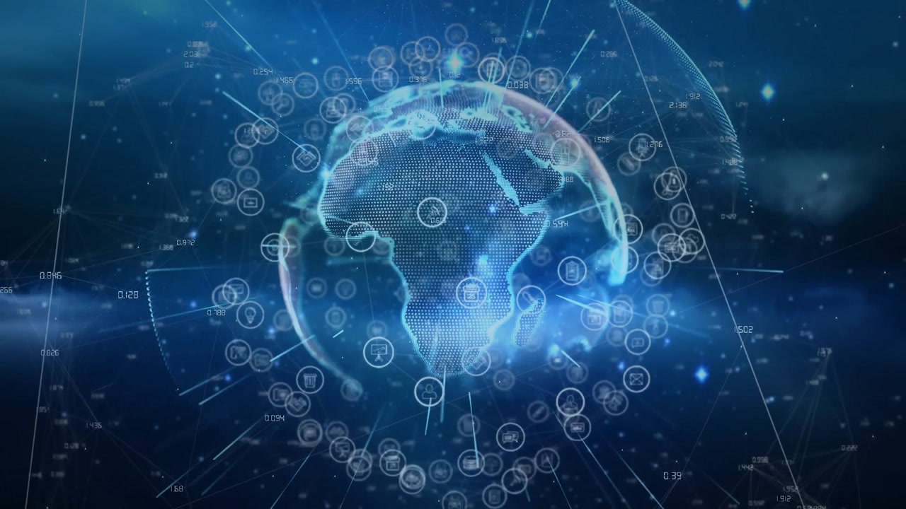 Wireframe globe emerging, icons orbiting continents and extending lines, visualizing data network