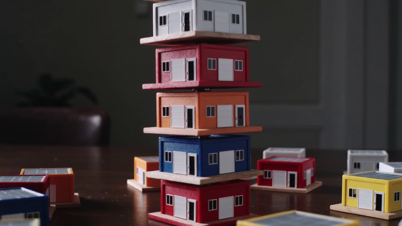 Si sposta un modello blu, avviando l'impilamento e formando una torre di case modulari su un tavolo di casa con un'asta di metallo.