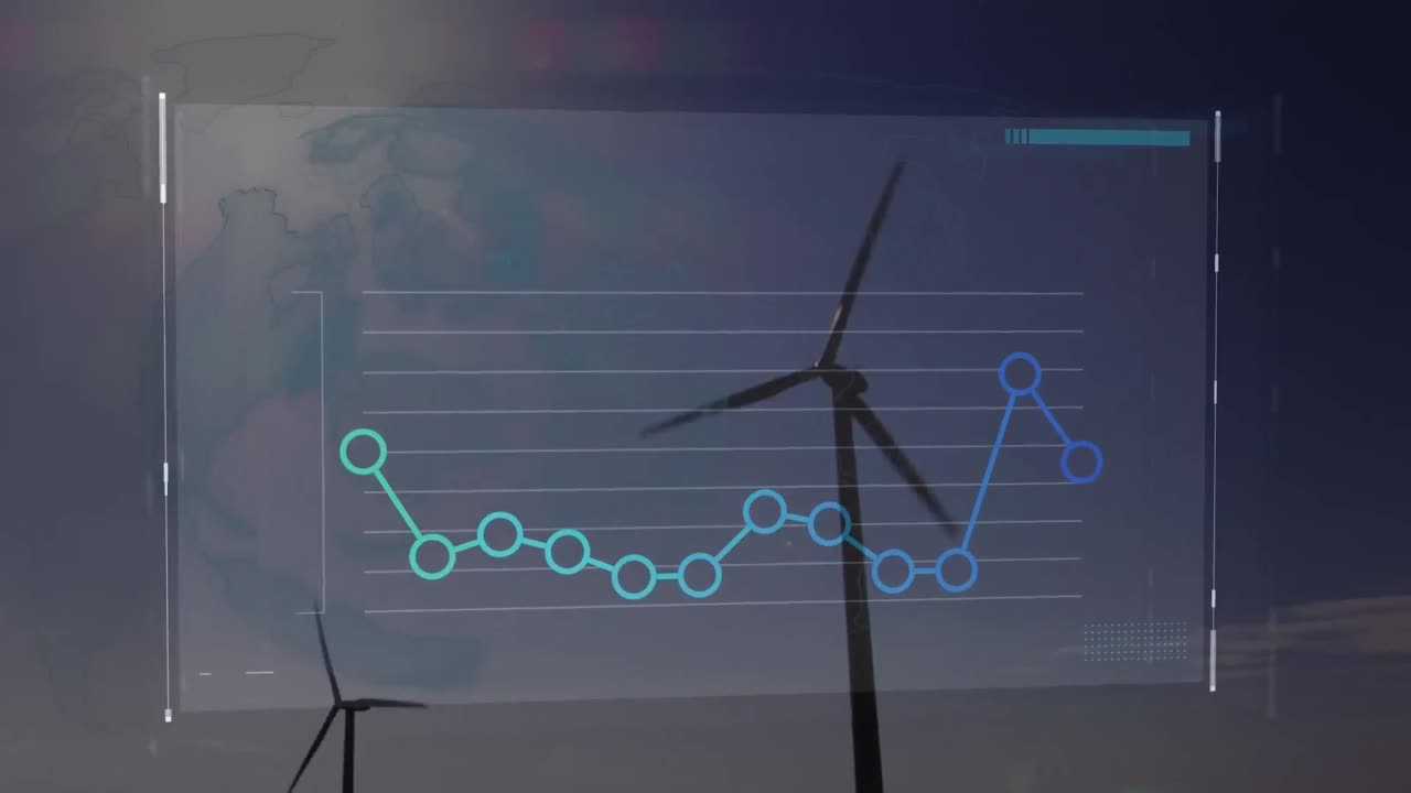 파란 하늘을 배경으로 회전하는 풍차를 통해 데이터 처리하는 컴퓨터 인터페이스