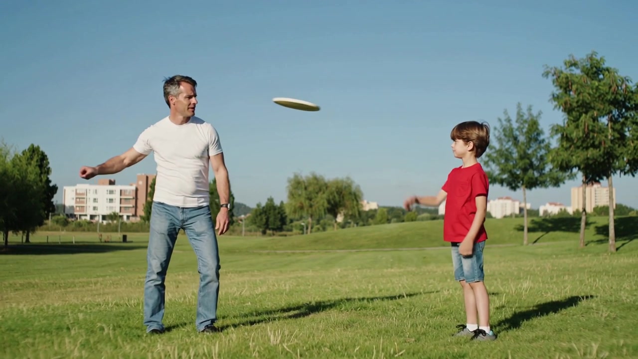 Extendiendo el brazo, un hombre lanza un disco volador blanco a un niño con camiseta roja en el parque, practicando la recepción.