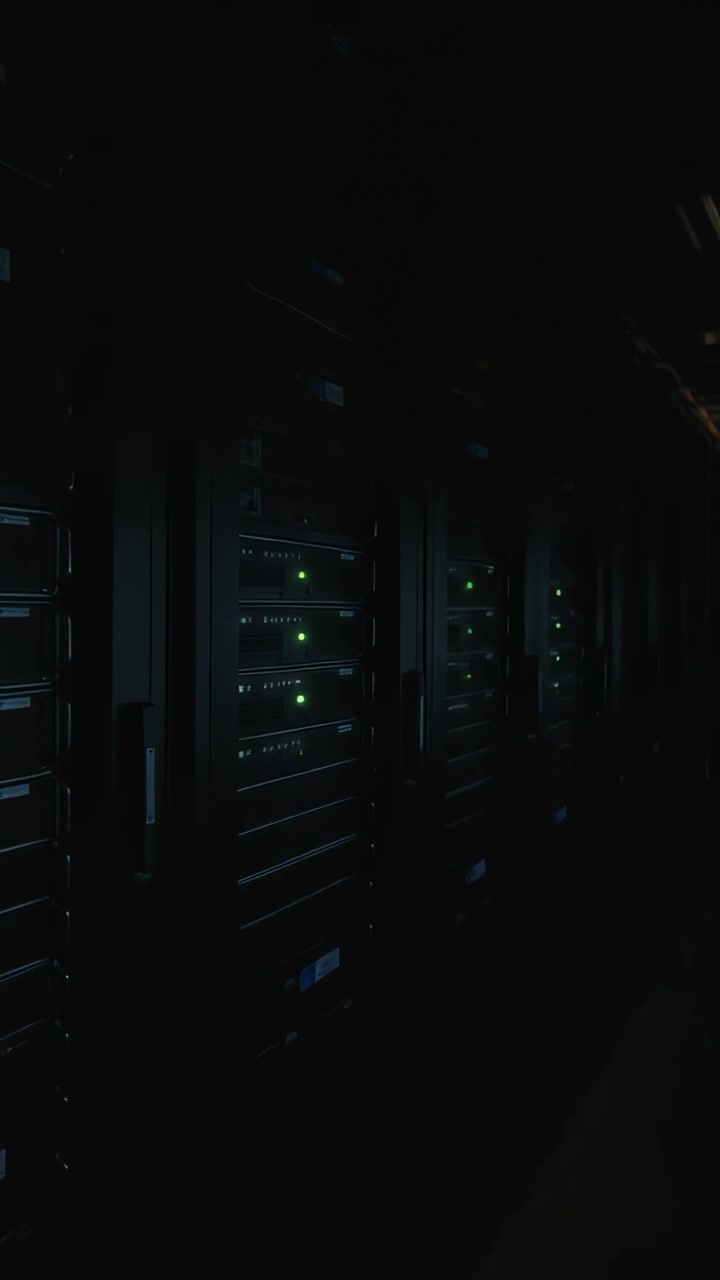 Video verticale: Inizio del movimento, telecamera che si muove lungo il corridoio di una sala server per ispezionare i LED dei server.