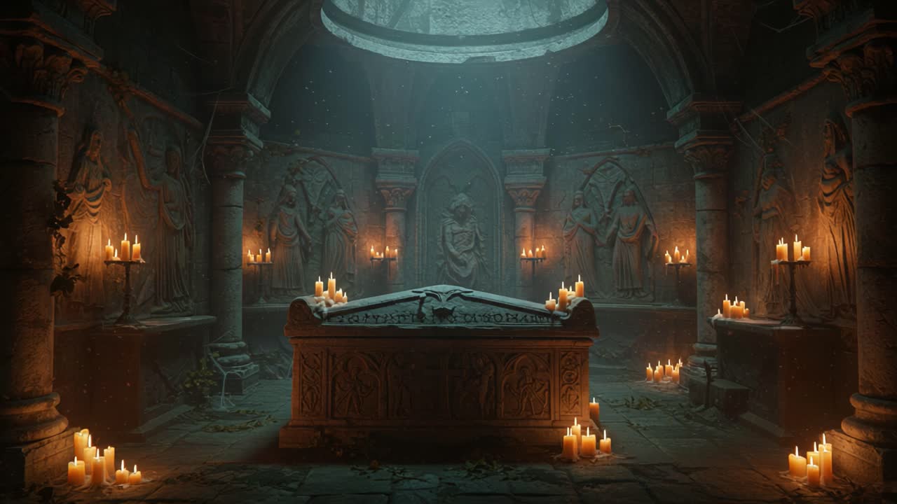 An Atmospheric View of an Ancient Crypt Filled with Flickering Candles, Sculpted Statues, and Eerie Shadows, Creating a Mysterious and Haunting Ambiance
