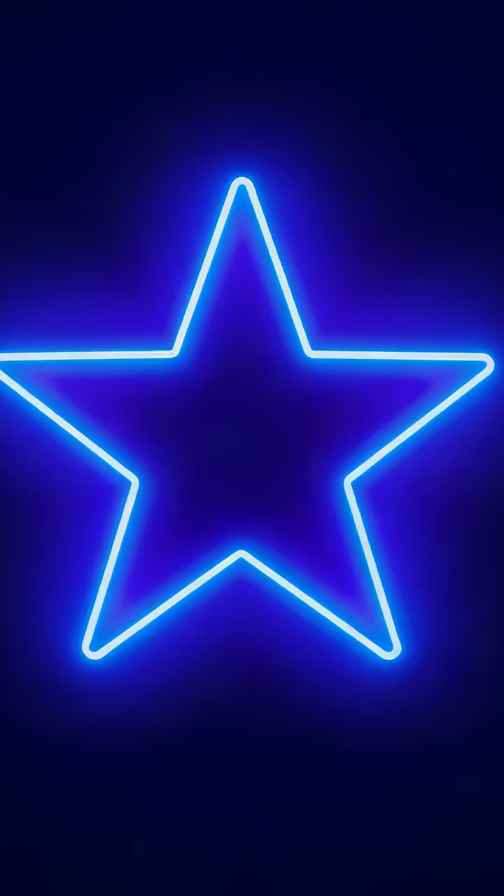 Vertical video: Powering blue neon five-point star sign, glowing steadily on dark wall for display