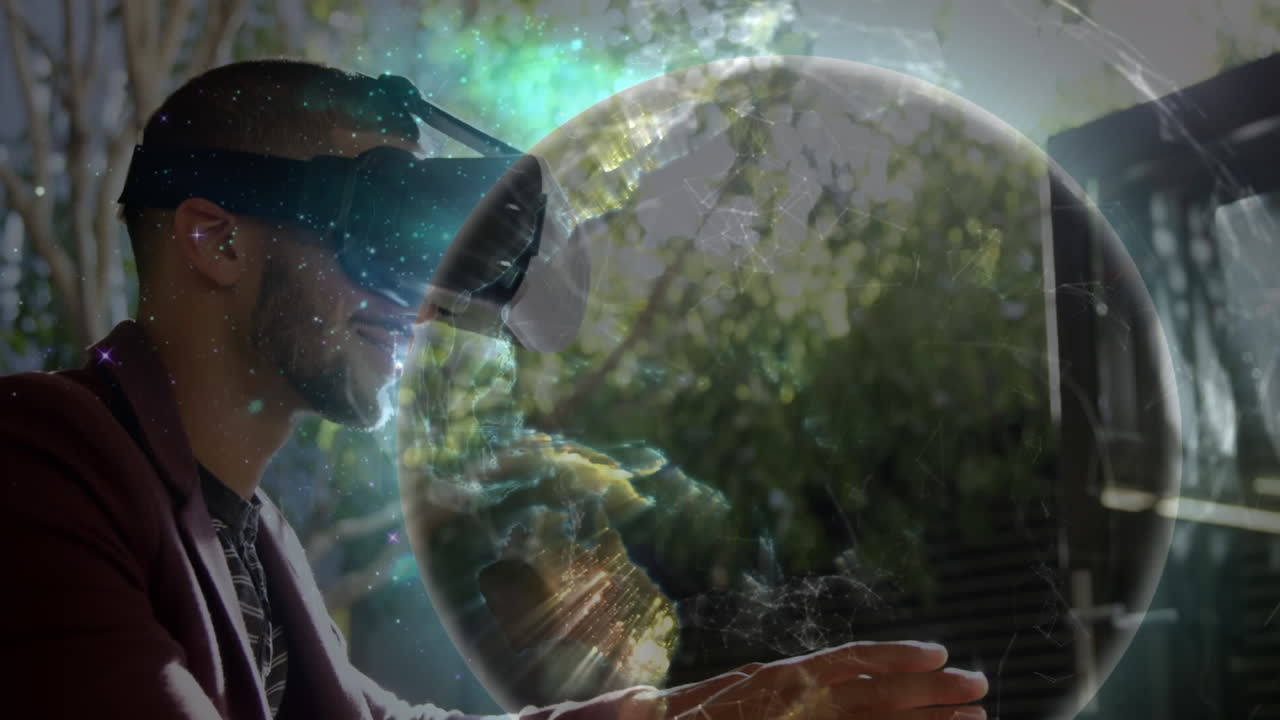 animación de la red de conexiones a través de un hombre de negocios usando auriculares vr