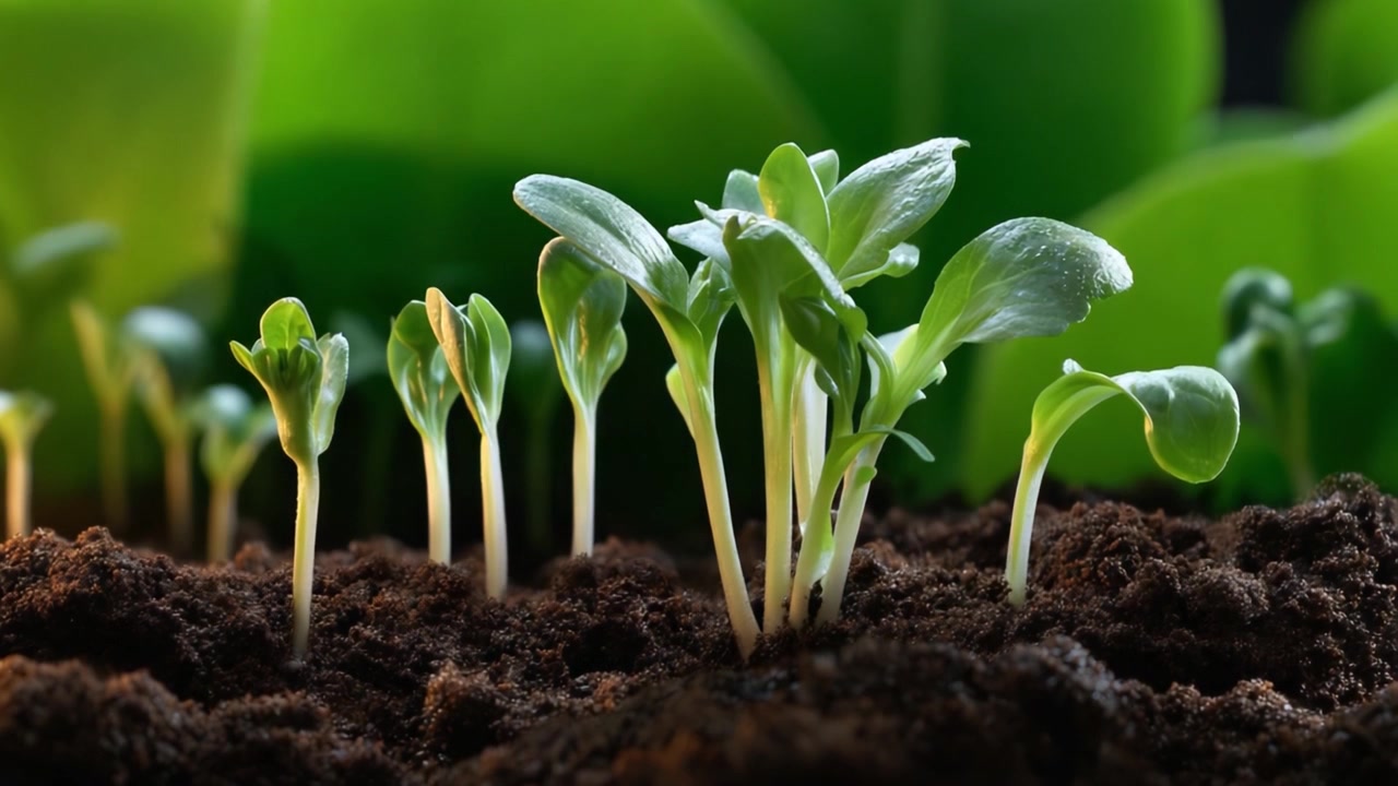 Una vibrante esposizione di nuova crescita: giovani piantine verdi che spuntano da terreno fertile in un ambiente lussureggiante e nutriente, che simboleggia la promessa del rinnovamento della natura