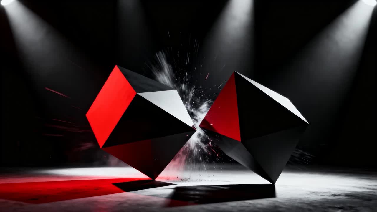 Rotating two matte black polyhedra scraping edge, spraying dust on contact on stage, spotlights