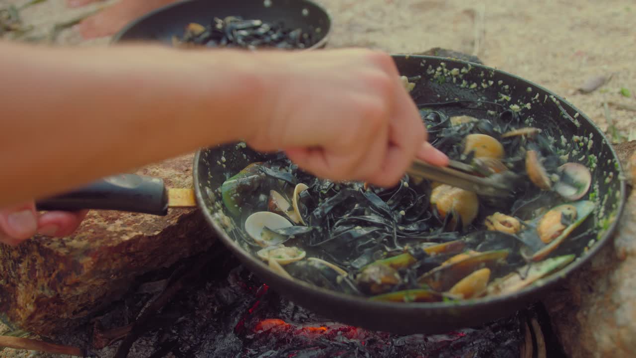 Cooking Seafood Pasta by the Campfire