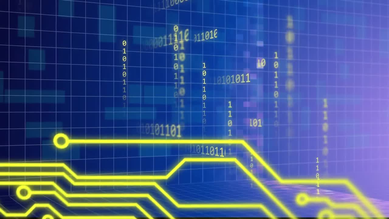 animación de la codificación binaria y el procesamiento de datos en una placa de circuitos.