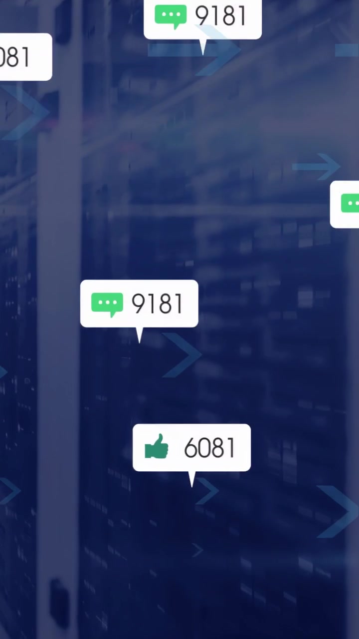 Vertical video: On start alerts appearing drifting left grouping showing data flow by server rack