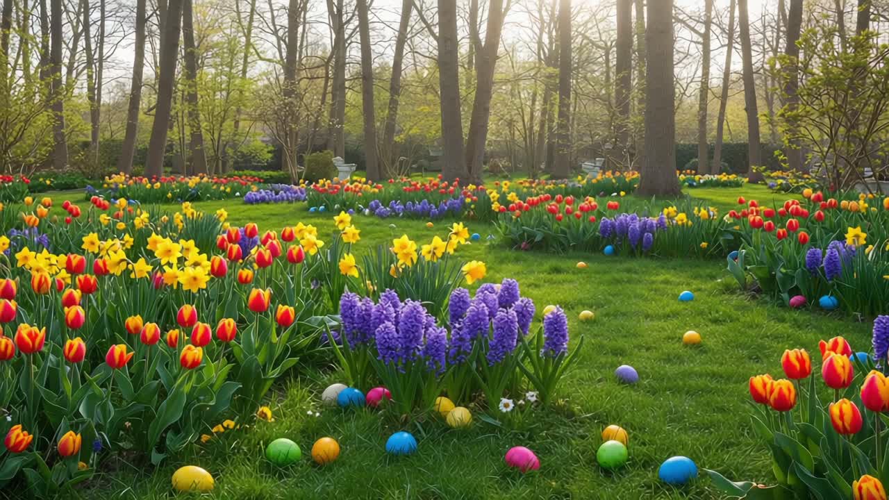 A Vibrant Spring Garden in Full Bloom Featuring Colorful Tulips, Daffodils, and Hyacinths Amidst a Sea of Easter Eggs Under a Radiant Sunlight