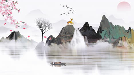 Mysterious-landscape-China's-traditional-Oriental-Digital-Art-animation,-Chinese-retro-painting-ink-misty-mountain-with-flowers,-tree,-birds,-river-in-fog-background