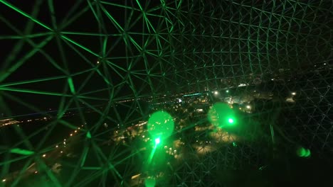 the biosphere environmental museum aglow at night in montreal, quebec, canada -