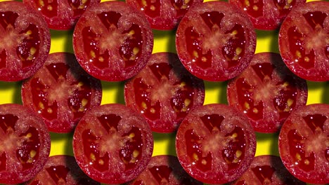 patrón geométrico con dos capas de rebanadas de tomate en un fondo amarillo. concepto de comida gráfico de movimiento simple animación de bucle sin costuras