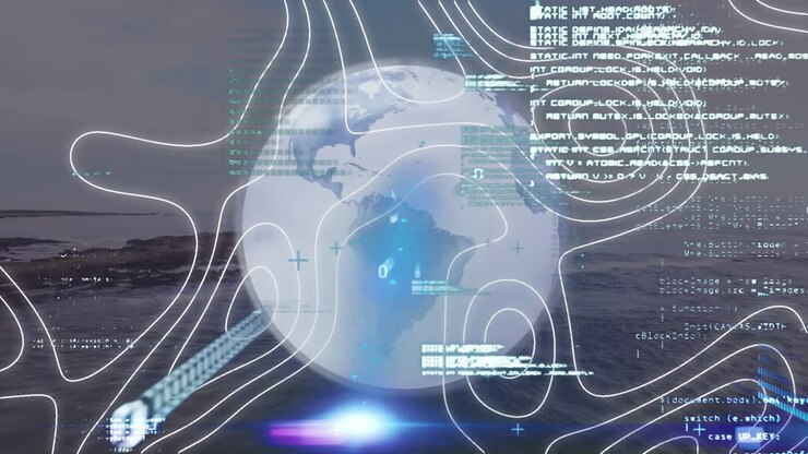 Animation of data processing and topography over globe against waves in the sea