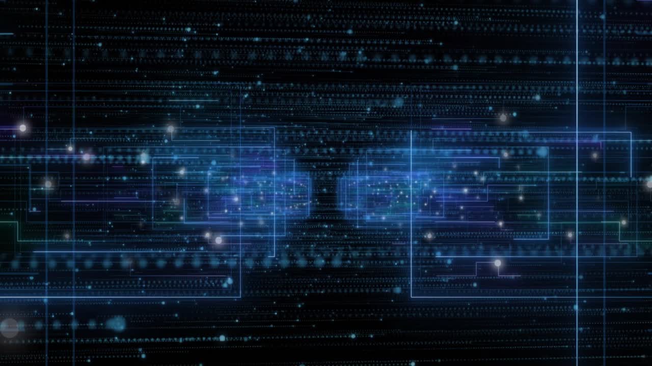 Animation of data processing and network of connections over black background
