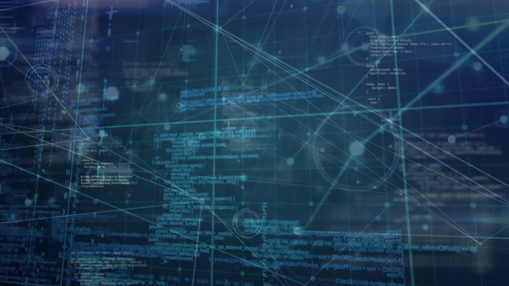 Animation of data processing, network of connections and grid