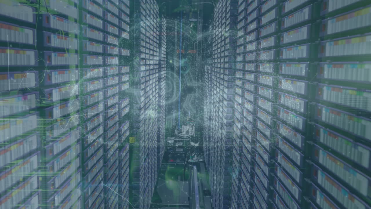 Animation of cyber security data processing and cloud icon against computer server room