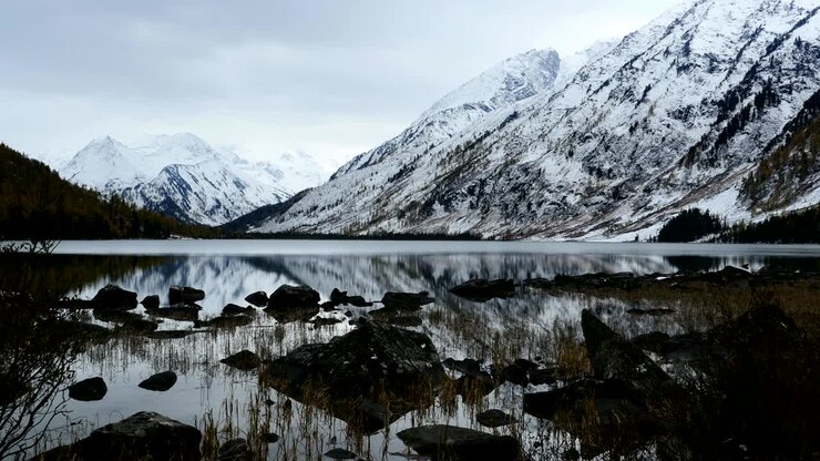Sassi sulla riva di un lago di montagna, loop continuo