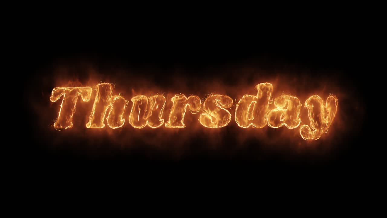 Thursday word hot animated burning realistic fire flame and smoke seamlessly loop animation on
