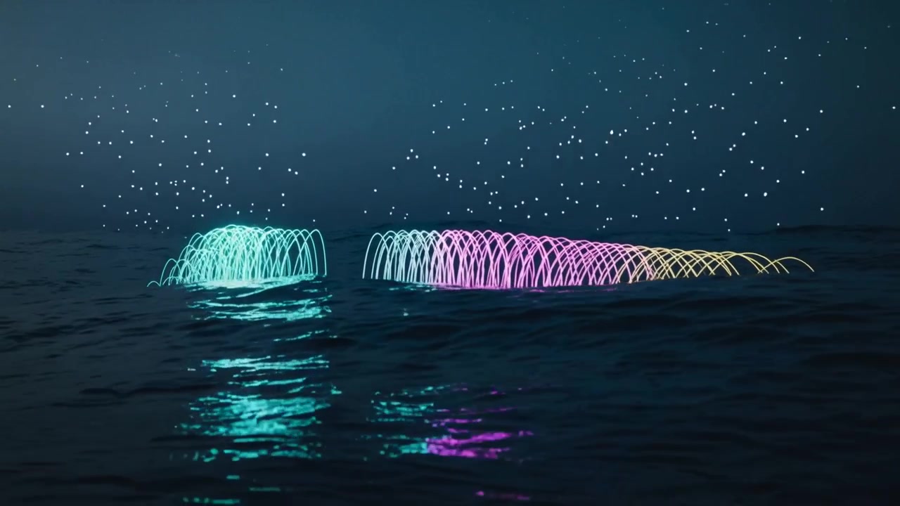 Pulsing after spark, neon arc clusters moving over ocean at night, reflecting cyan and pink-yellow