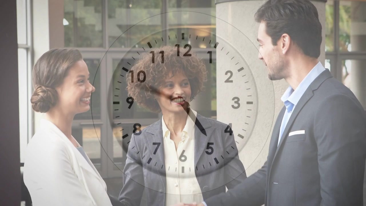 Left woman reaching and shaking hands with exec while center business host nodding, clock rotating