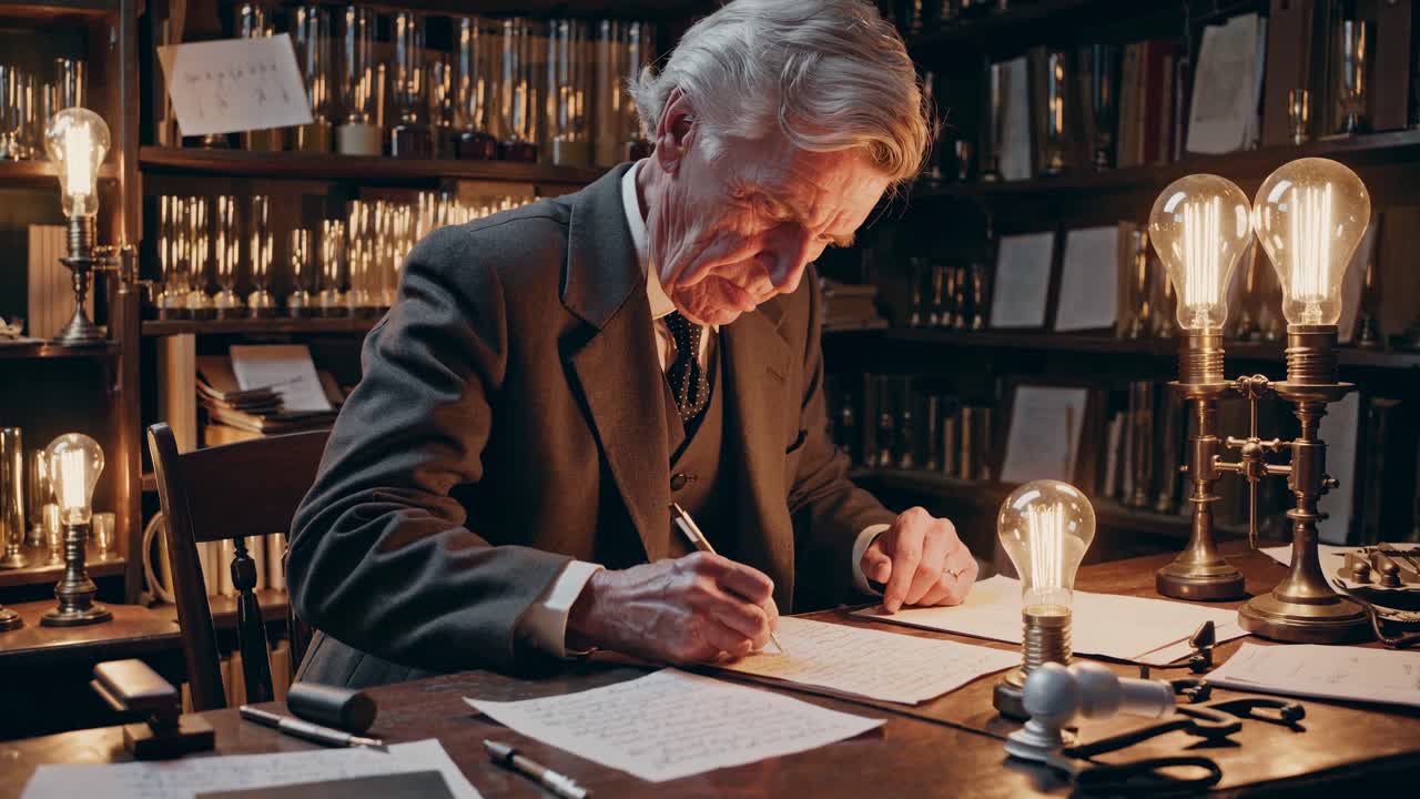 Älterer Erfinder schreibt Notizen an einem Vintage-Schreibtisch mit Glühbirnen