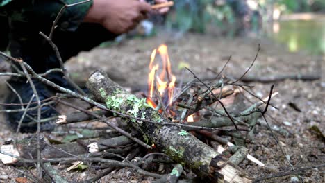 4k medium close up shot of military soldier making campfire from tree branch in forest near stream brook. burning flames firewood campfire in forest woodland camping.