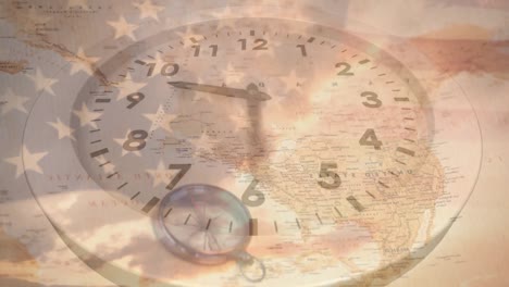 Animation-of-clock-and-flag-of-america-over-compass-on-map-in-background