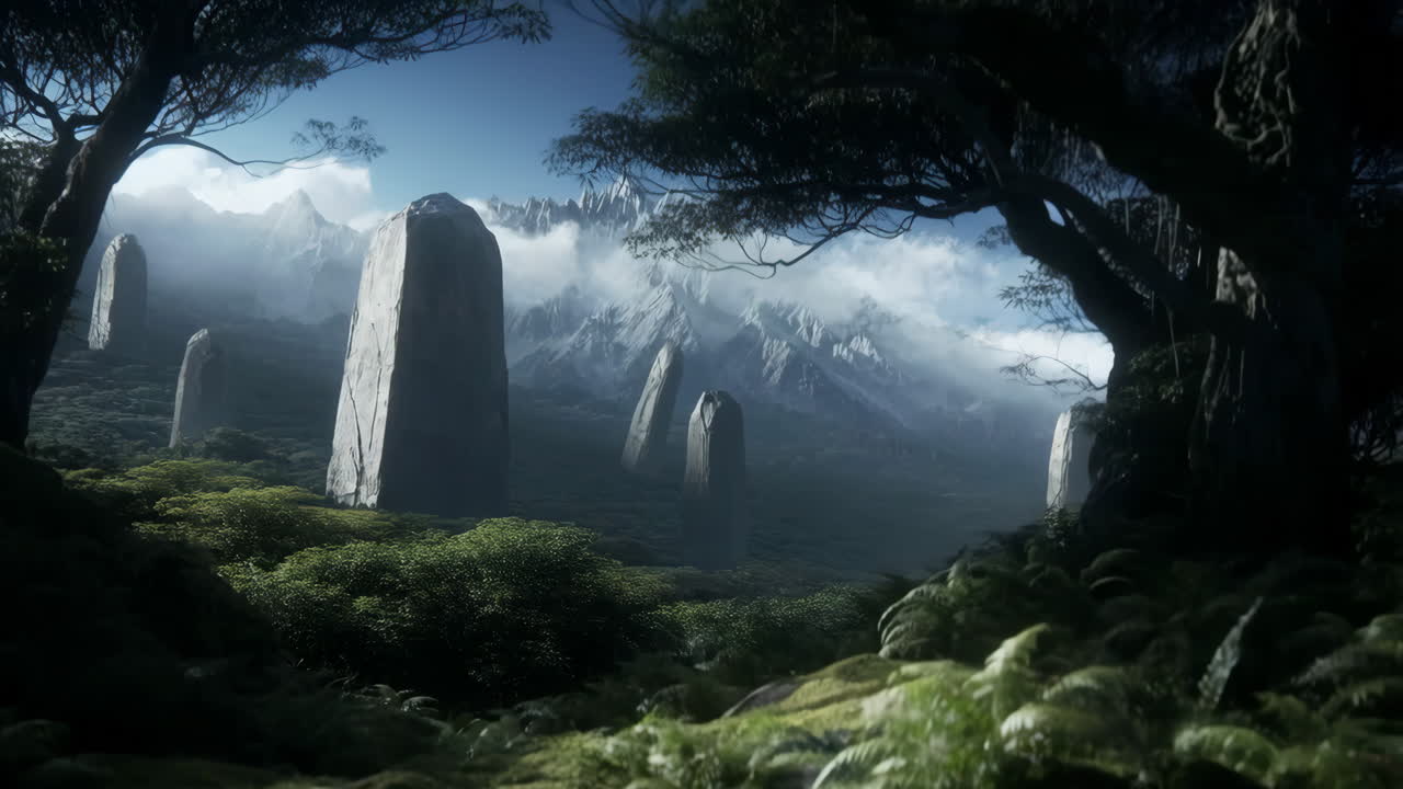 Ancient Standing Stones in a Misty Mountain Valley