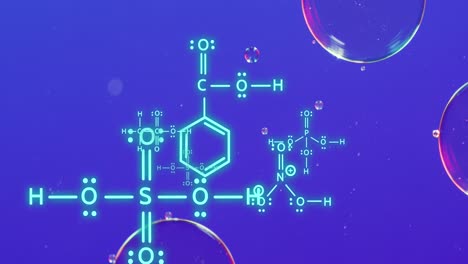 Animation-of-chemical-formula-over-bubbles-on-blue-background