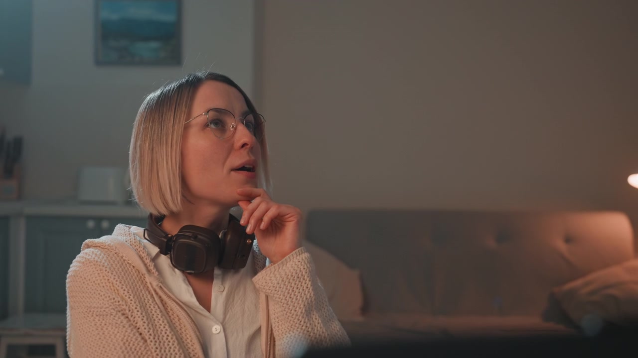 Music lover relaxes. Contemplative woman listens peacefully at home. Quiet evening scene with woman immersed in her music. Woman in cozy room enjoying music with headphones and gentle lighting