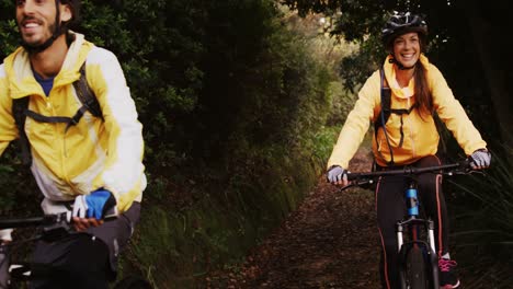 Mountain-biking-couple-riding-in-the-forest-on-a-sunny-day