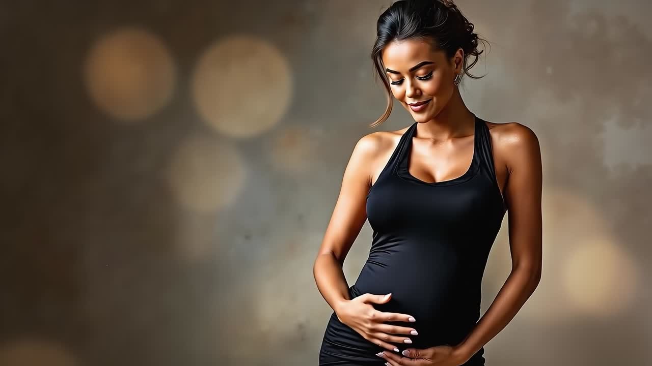 A pregnant woman in a black dress posing for a picture
