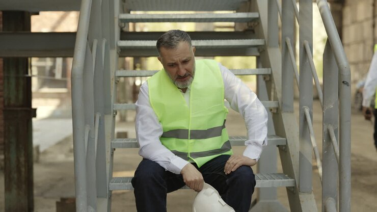 Construction worker sitting on stairs