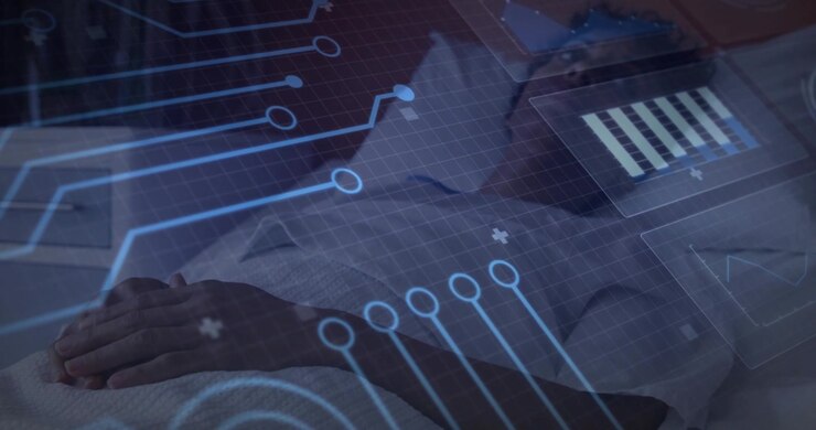 Mature woman lying on hospital bed while system initiating data overlay for monitoring vital signs