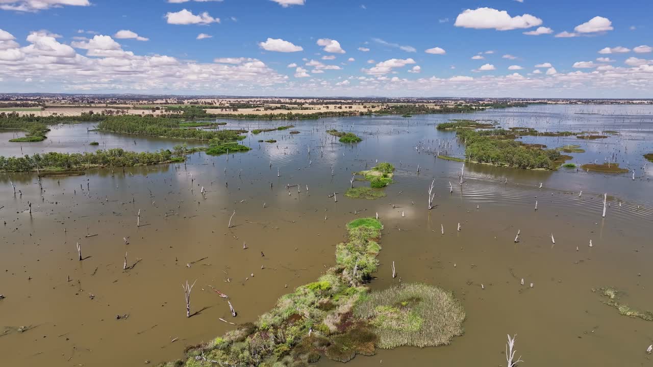 오스트레일리아의 nsw 주 mulwala 호수 (lake mulwala) 에 있는 섬들 중 일부를 보여주는 공중 사진.