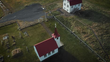 building in small town of iceland aerial view