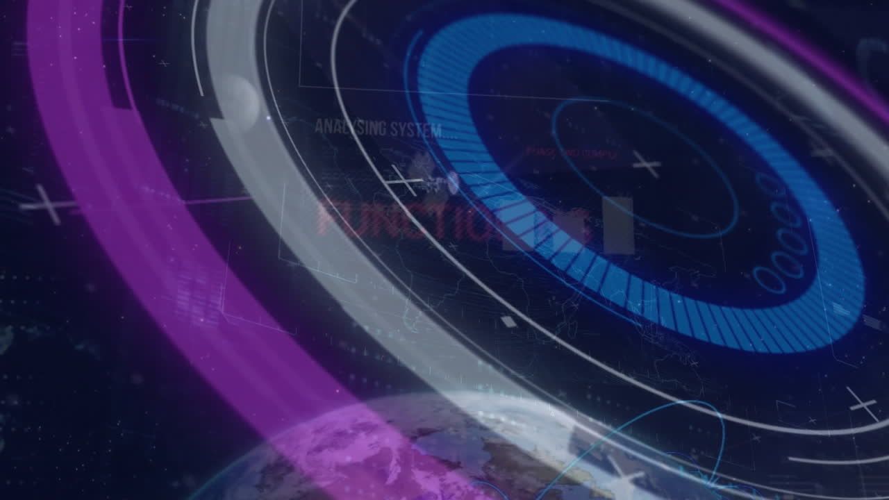 Animation showing futuristic digital interface with circular graphics over Earth